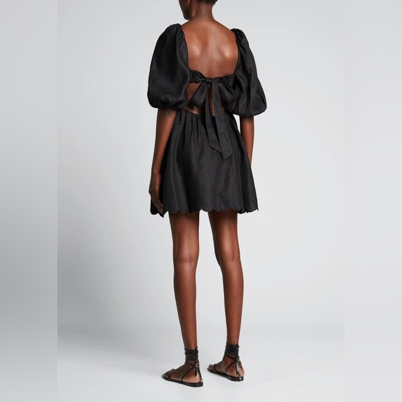 Zimmerman Mae  Cut Out Linen Puff Sleeve Mini Dress Black Scalloped NWOT SZ 6 - Picture 2 of 12